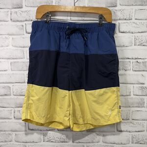 NAUTICA Men's ColorBlock Board Shorts Swim Trunk Lined Navy Blue Yellow MED